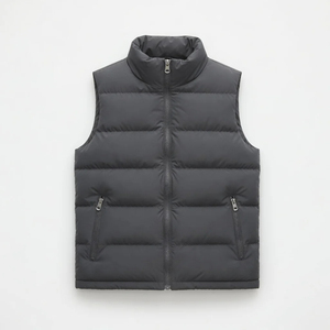 <b>Men's</b> <b>Black</b> Polyester Filled Puffer <b>Vest</b> Stand Collar Zip-Up Water-Repellent Sporty ODM Sleeveless Waistcoat - Product Image 1