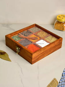 Custom Multipurpose <b>Pine</b> Wood Polished Antique Spice <b>Box</b> with 9 Compartments for Masala Storage - Product Image 5