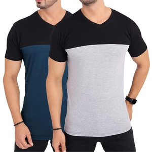 T-shirts pour hommes 100% coton à col en V, 2 combinaisons de couleurs, tissu jersey, couleurs personnalisées, t-shirt tendance streetwear, vêtements décontractés pour la maison - Product Image 1