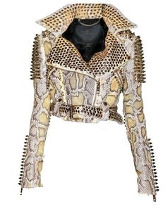 Snake Skin Leather Men's Punk Style Biker <b>Jacket</b> With Rivets Turn-down Collar Zipper Closure Short <b>Slim</b> <b>Fit</b> Autumn Wear - Product Image 2