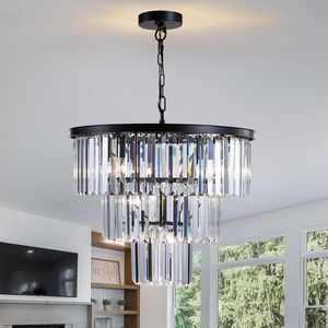Lampadario di Lusso a 3 Livelli con Cristalli, 7 Luci, Struttura Nera, Elegante Illuminazione a Sospensione per Soggiorno e Sala da Pranzo - Product Image 1