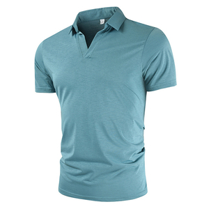 เสื้อโปโลผู้ชายแขนสั้นสีพื้นผ้าถักสไตล์ลำลองทรงปกติสีฟ้าอมเขียว - Product Image 5