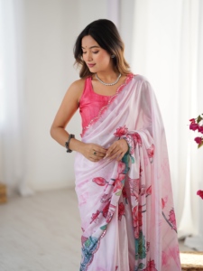 Sari de Seda Chinnon Premium, Sari de Diseño para Mujer, Ropa Étnica, Sari con Estampado Floral, Sari de Chinnon con Blusa sin Coser - Product Image 3