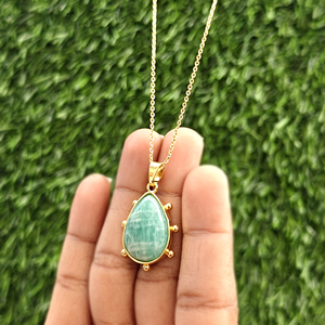 Custom design jewelry necklace natural amazonite cabochon stone teardrop pendant 18k gold plated <b>beaded</b> designer women necklaces - Product Image 4
