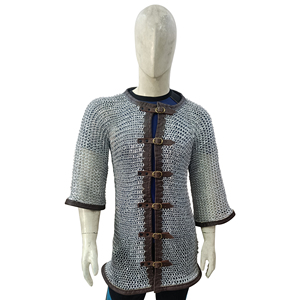 Camisa de malla metálica de media manga, 10 mm, de aluminio, remachada plana con anillo de arandela plana y ribete de cuero, armadura medieval para recreación histórica para adulto - Product Image 1