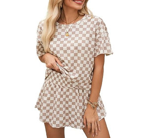 Vestido holgado de manga corta con cuello redondo y estampado a cuadros rosa y blanco para mujer, con volantes, informal, para primavera y verano - Product Image 5