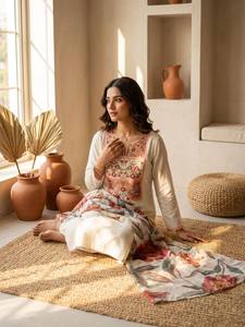 Ensemble Kurta trois pièces en soie modal de qualité export avec pantalon et dupatta, tenue ethnique féminine pour les fêtes, disponible à la vente - Product Image 1