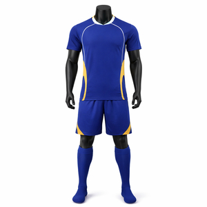 Ensemble de maillots de football bleu et jaune pour hommes, col en V, manches courtes, polyester respirant, uniforme personnalisé avec logo, uniforme de football pour équipe adulte - Product Image 1