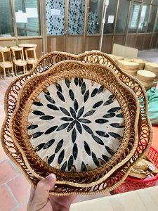 Mosaic Rattan Serving Tray with Mother Pearl Inlay Round Wicker Tray for Dinning <b>Table</b> Natural Boho <b>Table</b> Decor, Rustic Gift - Product Image 3