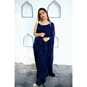 Conjunto de traje de gasa de algodón Chikankari azul marino para mujer, talla XS - Product Image 2