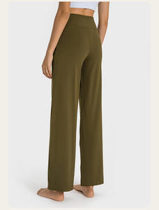 Pantalon large taille haute pour femme, couleur unie, en tricot de coton élasthanne, coupe décontractée, avec cordon de serrage, longueur totale - Product Image 5