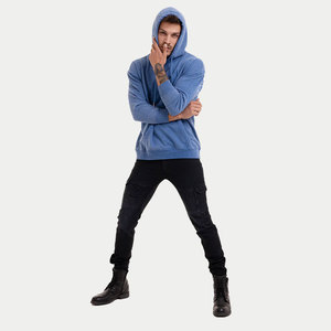 Sweat-shirt à capuche bleu pour homme, coupe classique, couleur unie, avec poche avant, en coton French Terry, décontracté, effet délavé - Product Image 5