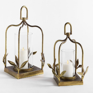 Botanical Forged-Iron Lantern With Glass <b>Hurricane</b> <b>Candle</b> Holder Set Of 2 Pieces - Product Image 1
