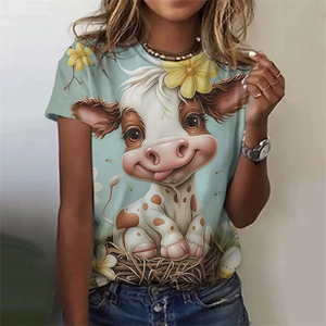 Camiseta con estampado de vaca y burro para mujer, camisetas con estampado 3D de animales y flores, Top de algodón con cuello redondo, moda de verano - Product Image 1