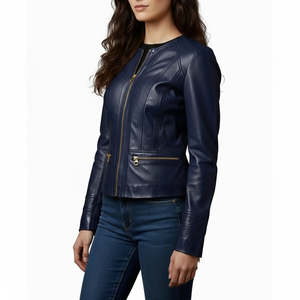 Women's Elegant <b>Grey</b> Sheepskin Leather Collarless <b>Jacket</b> Custom Fit XS Size Full Sleeve Handcrafted Sleek Minimalist Style - Product Image 3