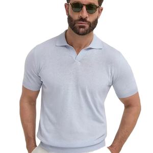 T-shirt en maille bleu clair pour homme, manches courtes, couleur unie, coupe classique, décontracté, respirant, anti-boulochage, 180g, marque personnalisée, 100% coton - Product Image 1