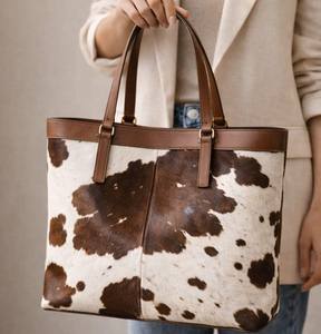Bolso Tote de Cuero Genuino con Pelo de Vaca al por Mayor para Mujer, Bolso de Compras con Cremallera y Bordado, Portátil, de Alta Calidad LHTB-0083 - Product Image 1