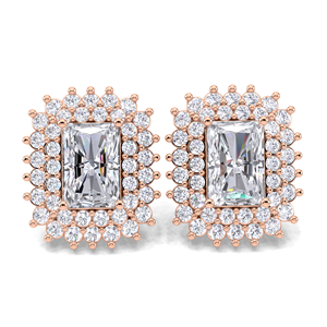 IGI Certified Lab Grown Diamond Radiant Cut Halo Stud Earrings 14K Yellow / White / Rose Gold Rectangle Cluster Diamond Earrings - Product Image 1