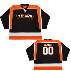 Jersey de Hockey sobre Hielo Sublimado Personalizado en Negro y Naranja, Nombre del Equipo, Hockey Profesional, Transpirable, Manga Corta para Hombre - Product Image 3
