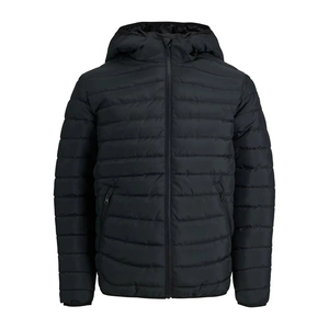 Men's Hooded Puffer <b>Jacket</b> Windproof Solid Color Casual <b>Winter</b> Outerwear Regular Fit Zipper Closure Polyester Material - Product Image 2
