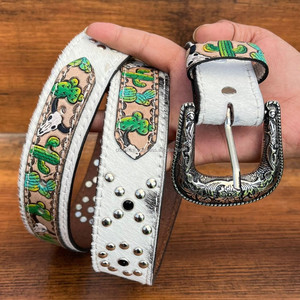 Nuevo 2025 patrón occidental moda mano Tooled cuero remache cinturón para hombres y mujeres cuero de vaca genuino diseñador de lujo cinturones de vaquero - Product Image 4