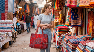 Sac fourre-tout matelassé indien imprimé à la main avec fermeture éclair, motif floral, pour femme, toutes saisons, vente en gros - Product Image 4