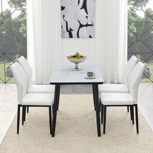 Tavolo da Pranzo Moderno Bianco con Effetto Marmo, Piano in Vetro, Base Inferiore in MDF Nero e Gambe in Metallo Nero, Set Tavolo e Sedie - Product Image 5
