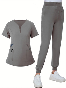 Ensemble de Blouse et Pantalon Médical Femme Rouge Haute Qualité 2026 en Coton et Polyester Tricoté, Col en V, Fermeture Éclair sur le Devant, avec Poches - Product Image 2