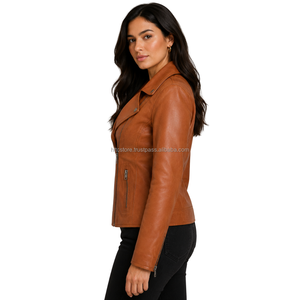 Chaqueta de Motociclista de Cuero Marrón para Mujer, Corte Entallado, Cierre de Cremallera, Cuello Camisero, Estilo Otoñal - Product Image 3
