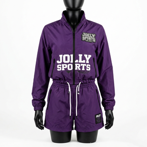 ชุดเซ็ตเสื้อแจ็คเก็ตและกางเกงขาสั้นกันลมไนลอนทัสลอนพรีเมียม 125 GSM สีม่วง พิมพ์ลายสกรีนโลโก้สำหรับผู้หญิง - Product Image 5