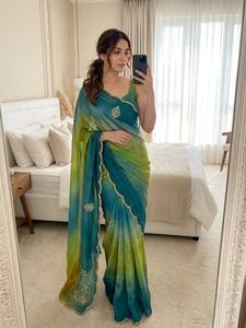 Sari Rangoli Crush con estampado a mano y hermosa bordeada con pedrería Dana Khatli, con bordado Khatli y blusa sin coser hecha a mano. - Product Image 4