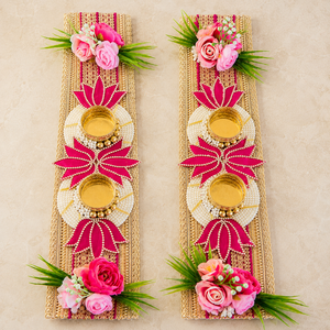 Pink Lotus Floral Diya Decoration Pair Handmade Gold Patti Pearl Wedding <b>Mandir</b> Pooja Festival Home Decor Gift Item - Product Image 1