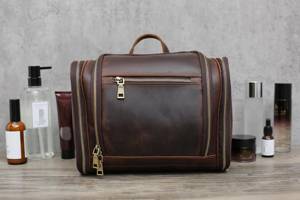 Vintage Genuine Leather Toiletry Bag Mens Dopp <b>Kit</b> Travel Wash Bag Large <b>Shaving</b> <b>Kit</b> Pouch Wholesale Supplier TYG-0129 - Product Image 3