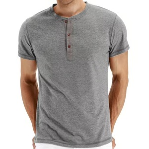 Men's Gray Henley <b>Collar</b> <b>T</b>-<b>Shirt</b> Solid Color Casual Knitted Cotton Summer Wear - Product Image 3