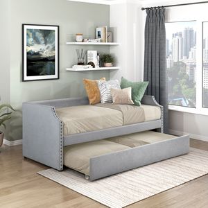 Moderno Daybed grigio chiaro contemporaneo con Trundle tessuto rivestito in legno mobili da soggiorno 1PC mobili in scatola - Product Image 2