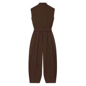 Combinaison marron sans manches à col mandarin, taille haute, jambe large, ceinturée, style chinois, pour femme, longueur intégrale, couleur unie, coupe ample - Product Image 2