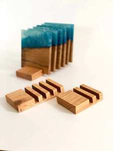 Portavasos de Madera de Acacia con Juego de Posavasos de Resina Azul, Decoración Elegante para el Hogar y Bar, Posavasos Premium para Mesa - Product Image 6