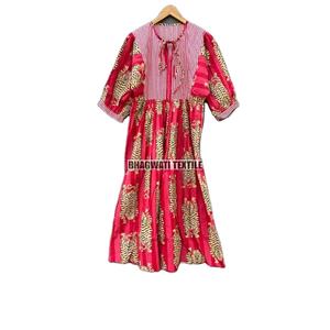 ชุดเดรสคอลึกลายเสือสีส้มเสื้อสายรัดเอวธรรมชาติผ้าคอตตอนพิมพ์ลายแนวหวาน - Product Image 2