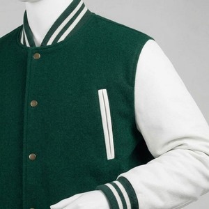 Hot Sale <b>Men's</b> Green <b>White</b> Varsity <b>Jacket</b> Preppy Style Turn-down Collar Button Closure Regular Fit Autumn Wear - Product Image 4