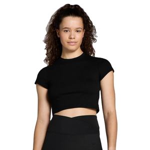 Haut court noir à manches courtes pour femme, col rond, tricoté, couleur unie, style minimaliste, coupe ajustée, à porter en toutes saisons - Product Image 1