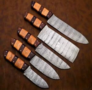 Couteaux de chef Damas faits main de haute qualité, 5 pièces, avec manche personnalisé et étui en cuir, pour usages multiples et respectueux de l'environnement - Product Image 5