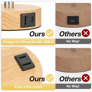 Lampada da Comodino Dimmerabile a 3 Vie con Porte di Ricarica USB-C e Presa AC, Base in Legno e Paralume in Lino per Camera da Letto - Product Image 2