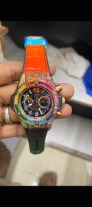 Montre colorée entièrement sertie de diamants, bracelet en cuir, style hip-hop, montre de luxe pour homme - Product Image 2