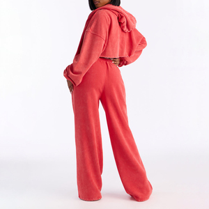 Wholesale Casual Solid Zipper <b>Red</b> Vintage Sports Wear T-shirt Short Set for Women Acid Washed Long Sleeve Top and Sweatpants Set - Product Image 2