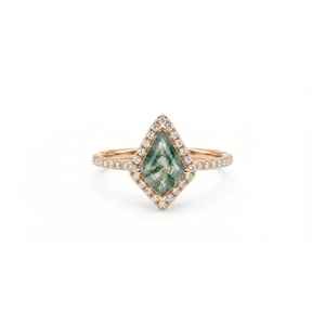 Bague de fiançailles en agate mousse taille cerf-volant, argent sterling 925 plaqué or 14 carats, halo de pierres précieuses vertes naturelles, certifiée IGI, style Art Déco - Product Image 5