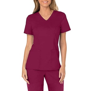 Women V Neck <b>Scrub</b> <b>Top</b> Short Sleeve Black Hospital Uniform Cotton Polyester Woven Fabric - Product Image 2