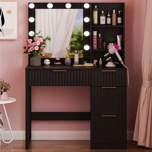 "4-Drawer 2-Shelf Dressing Table with Black Melamine Finish & 10 Tone <b>Light</b> Bulbs for <b>Makeup</b> <b>Vanities</b>" - Product Image 6