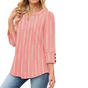 Linear Pink <b>White</b> Vertical Stripe <b>Shirts</b> Three Quarter <b>Sleeve</b> Button Cuff Slit Collar Work Tunics <b>Women's</b> Chiffon <b>Shirts</b> - Product Image 3