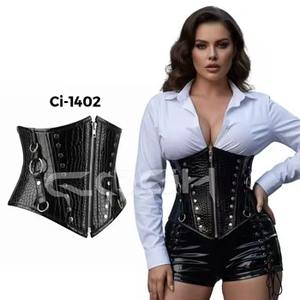 Heavy Duty Gothic <b>Black</b> Crocodile PVC Waspie Corset Glossy Embossed Vegan Leather Body Shaper Clubwear Corset - Product Image 5