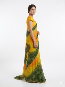 Sari synthétique imprimé numérique jaune-vert pour femme, tenue de mariage traditionnelle, longueur au sol, sans plis, coupe classique, prêt-à-porter - Product Image 3